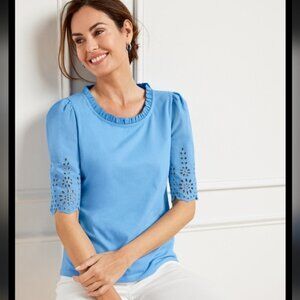 Talbots Eyelet Trim Knit Tee Blue Size Medium
